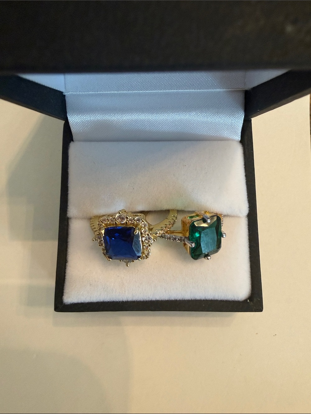 Size 8.0 Source Unknown. 2 costume Gold Rings with Blue and Green Stones